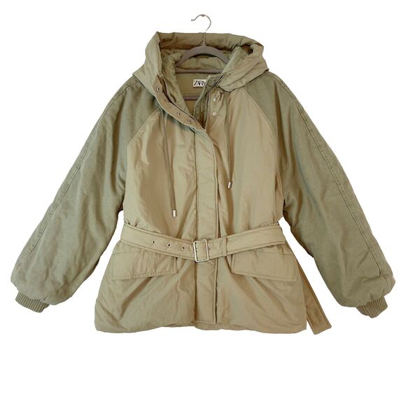 Zara Coat Parka Womens Small Tan Khaki Belted Hooded Zip Up Snaps Flap Pockets - Picture 1 of 7